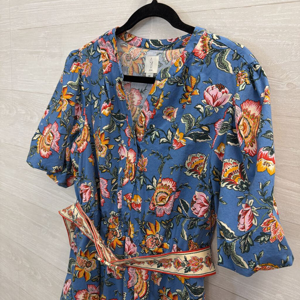 Joie Blue/ Multi Floral Print Short Puff Sleeve Belted Dress 14