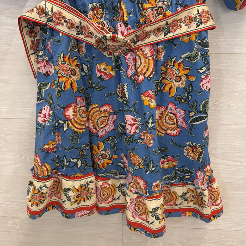 Joie Blue/ Multi Floral Print Short Puff Sleeve Belted Dress 14