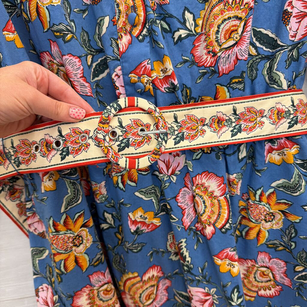 Joie Blue/ Multi Floral Print Short Puff Sleeve Belted Dress 14