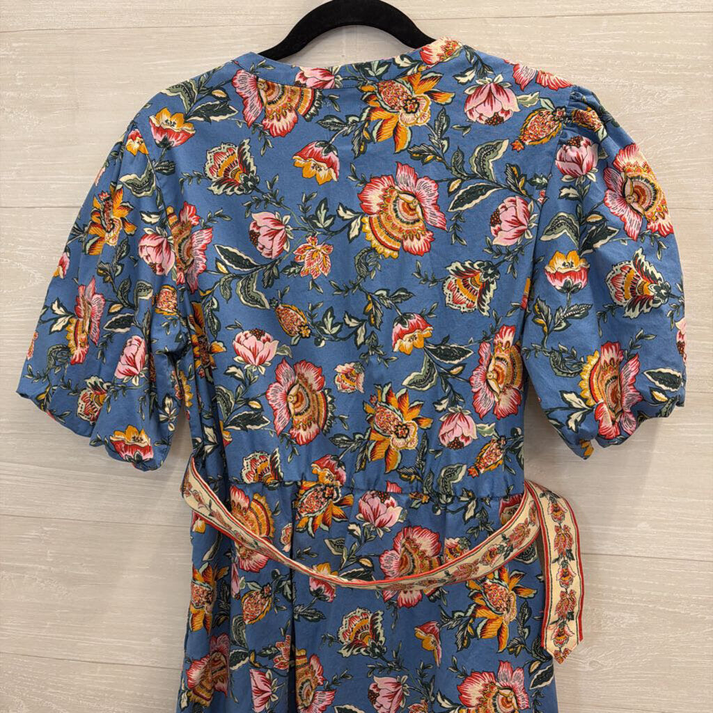Joie Blue/ Multi Floral Print Short Puff Sleeve Belted Dress 14