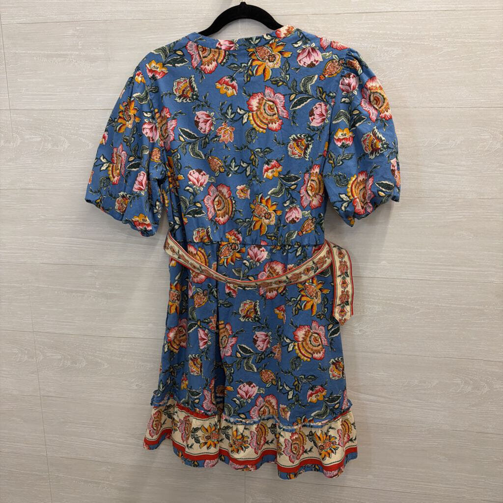 Joie Blue/ Multi Floral Print Short Puff Sleeve Belted Dress 14