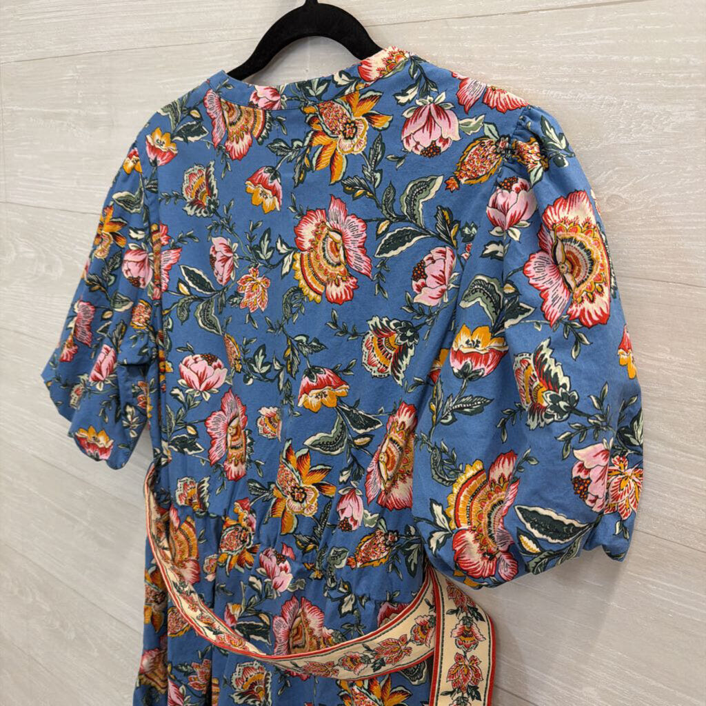 Joie Blue/ Multi Floral Print Short Puff Sleeve Belted Dress 14