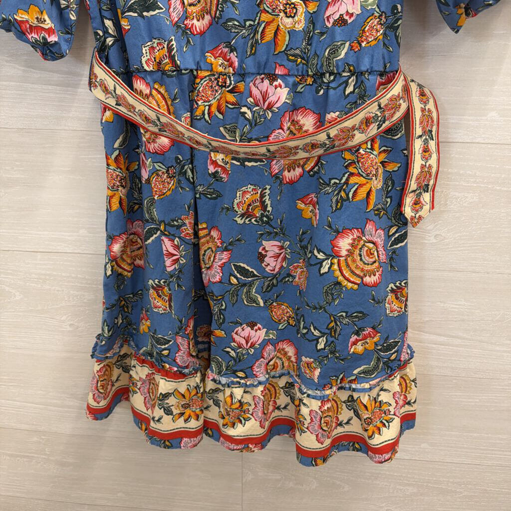 Joie Blue/ Multi Floral Print Short Puff Sleeve Belted Dress 14