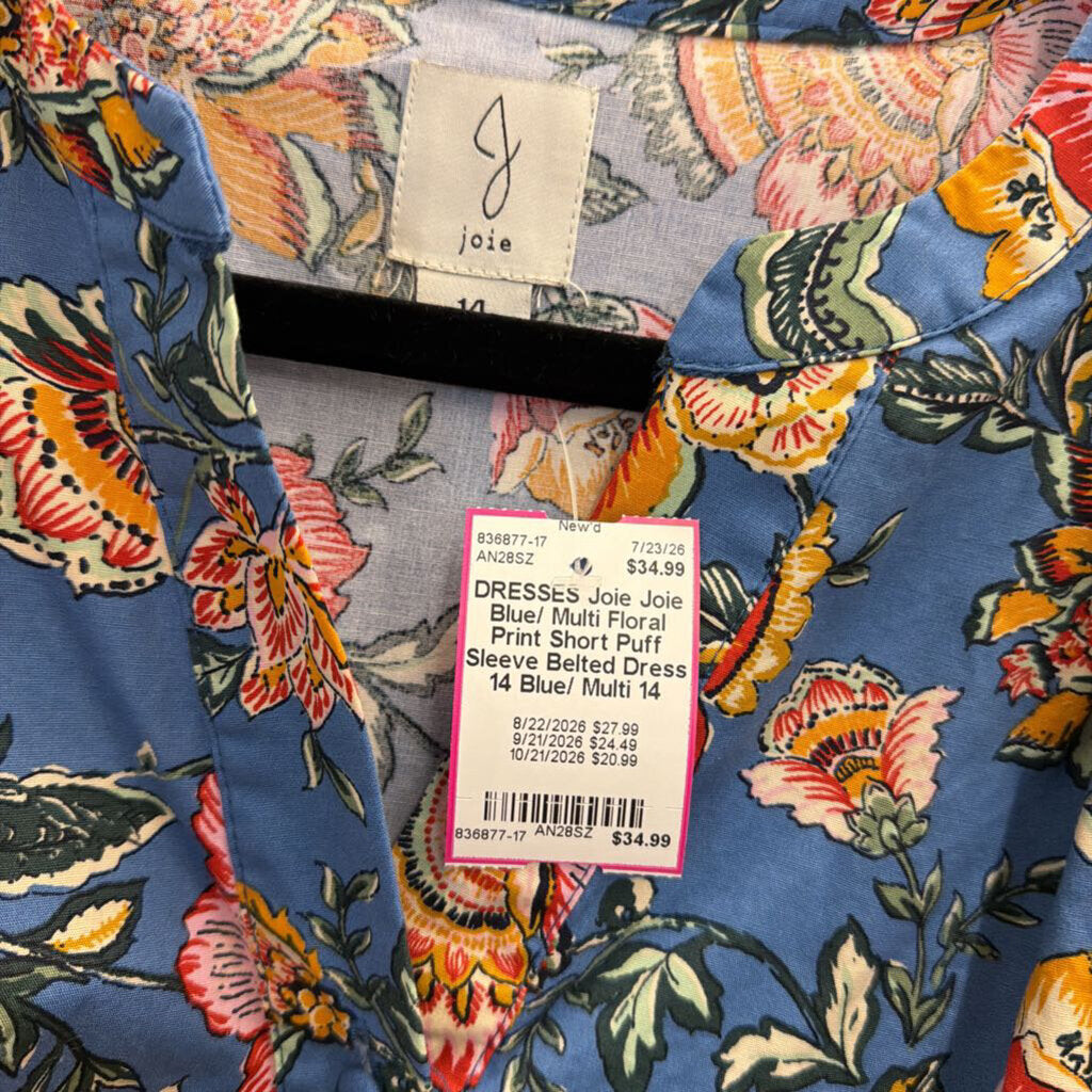 Joie Blue/ Multi Floral Print Short Puff Sleeve Belted Dress 14