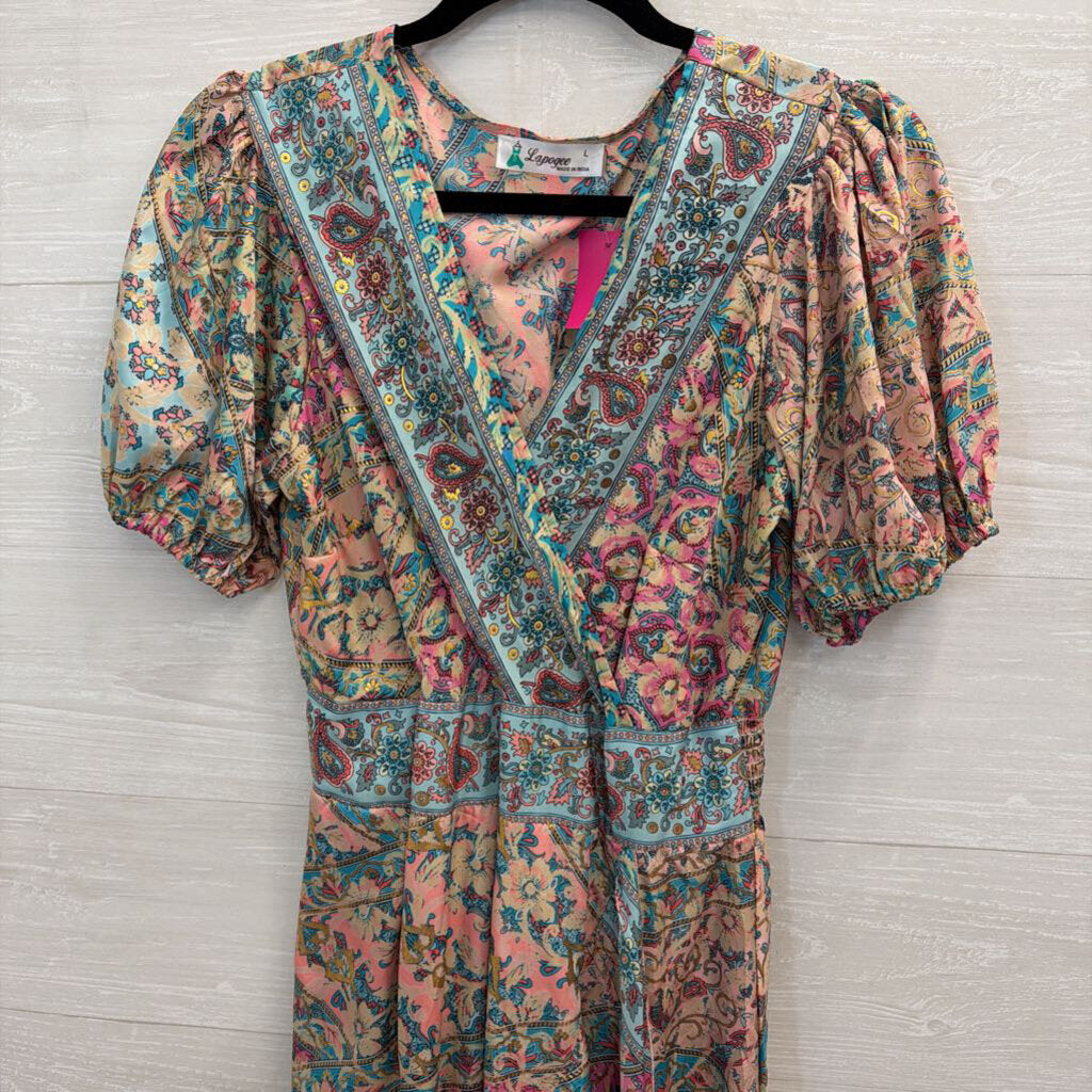 Lapogee Blue/ Multi Print Short Puff Sleeve Midi Dress Large