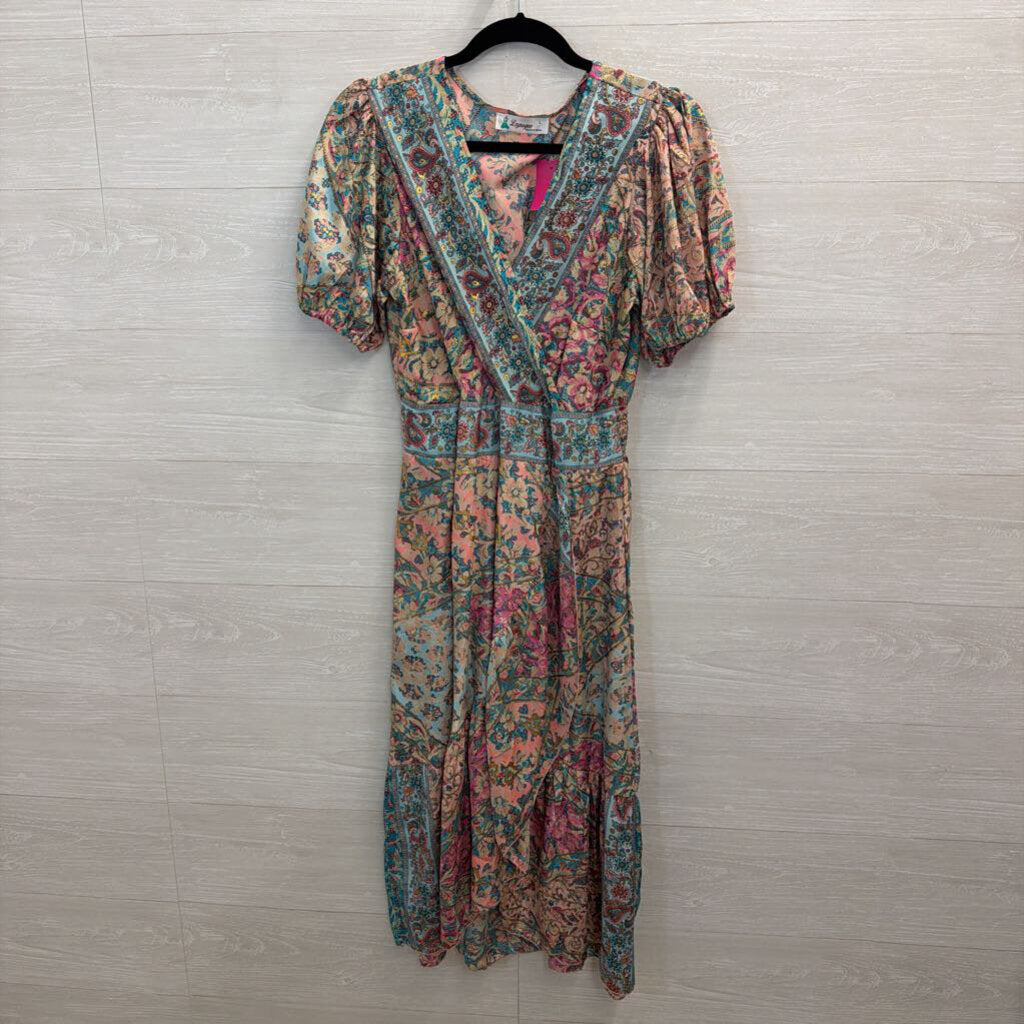 Lapogee Blue/ Multi Print Short Puff Sleeve Midi Dress Large