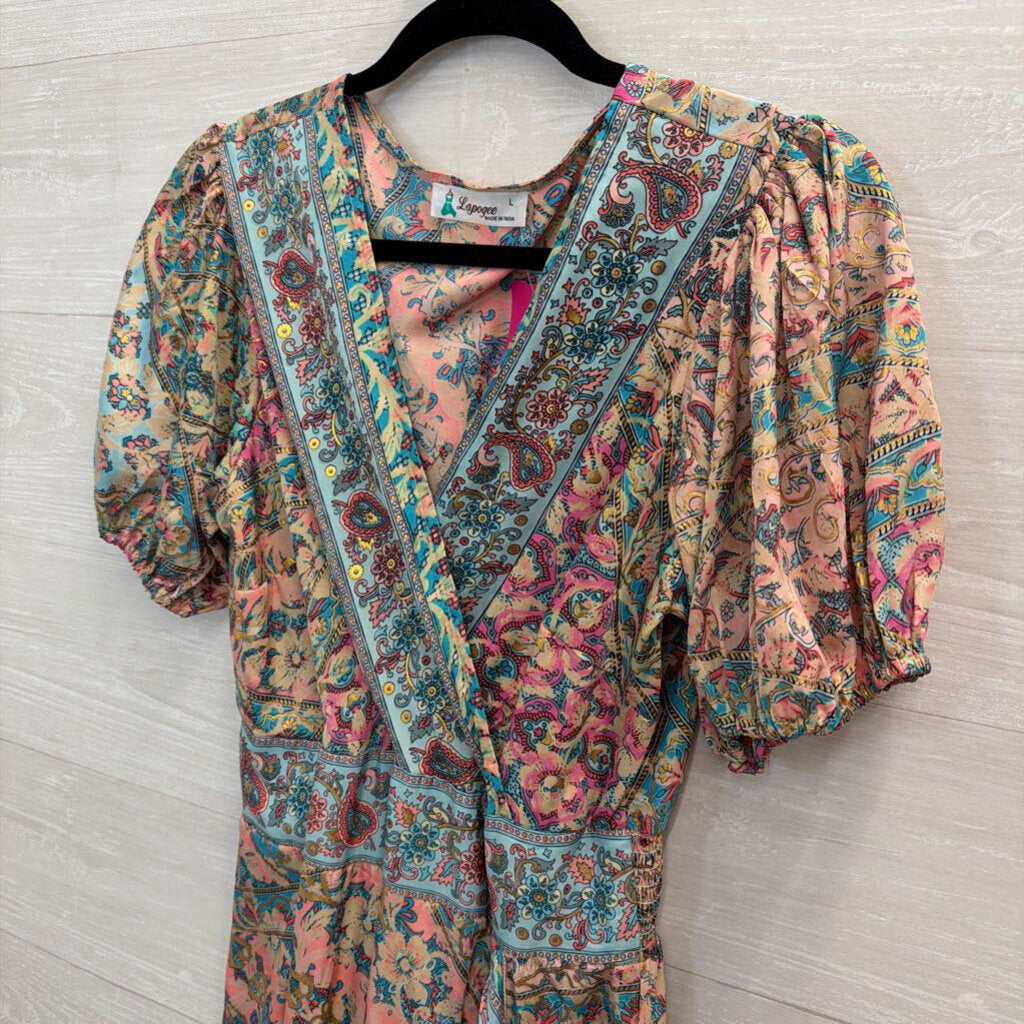 Lapogee Blue/ Multi Print Short Puff Sleeve Midi Dress Large