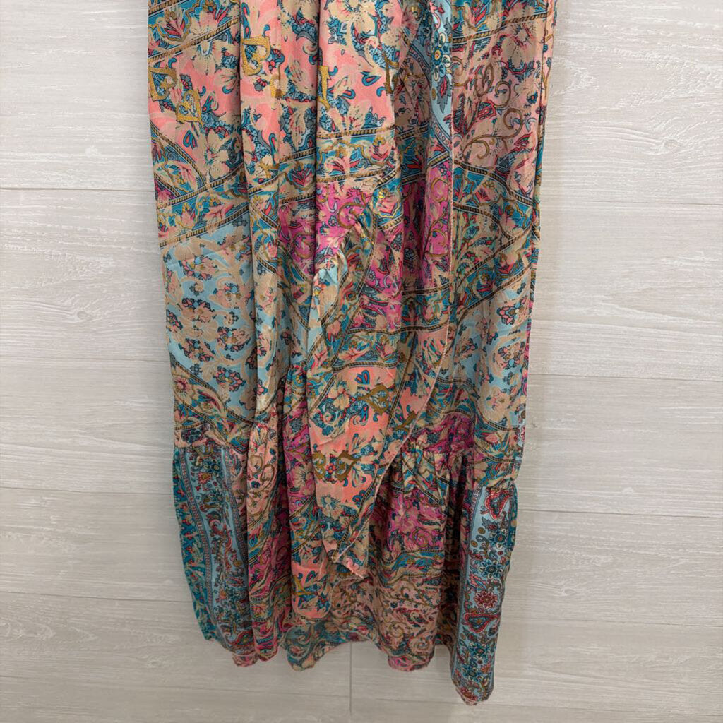 Lapogee Blue/ Multi Print Short Puff Sleeve Midi Dress Large