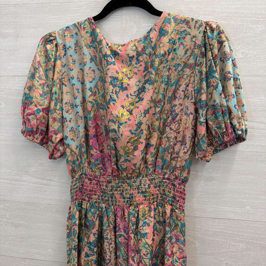 Lapogee Blue/ Multi Print Short Puff Sleeve Midi Dress Large
