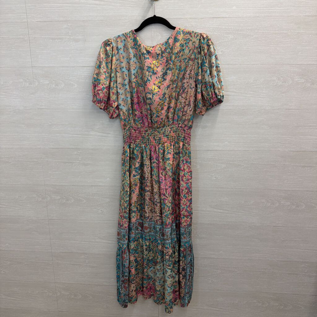 Lapogee Blue/ Multi Print Short Puff Sleeve Midi Dress Large