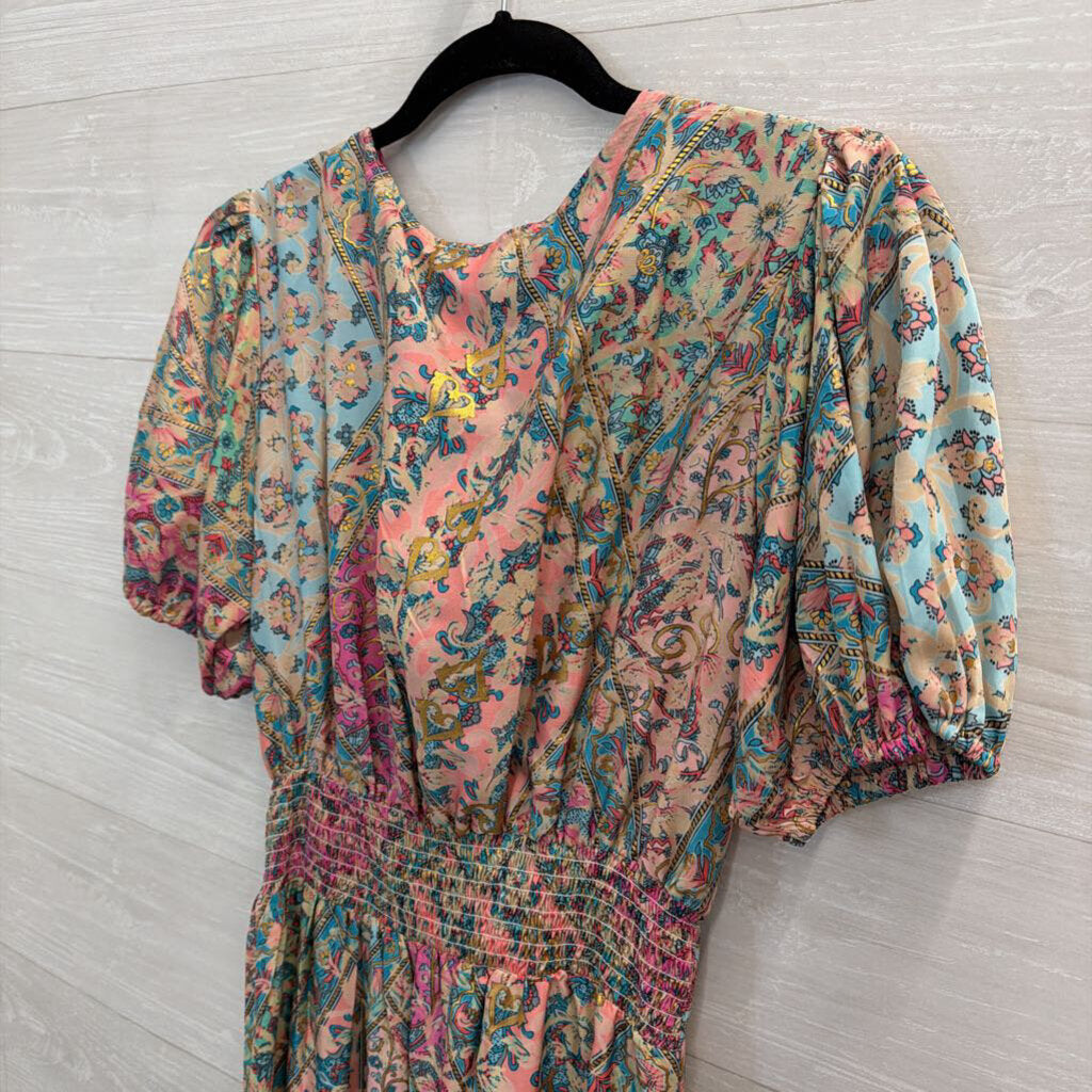 Lapogee Blue/ Multi Print Short Puff Sleeve Midi Dress Large