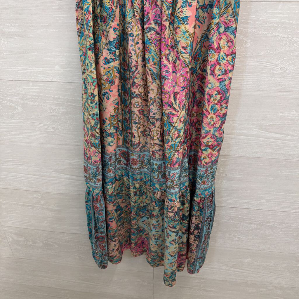 Lapogee Blue/ Multi Print Short Puff Sleeve Midi Dress Large