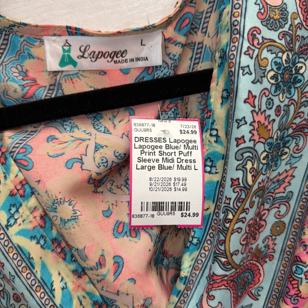 Lapogee Blue/ Multi Print Short Puff Sleeve Midi Dress Large