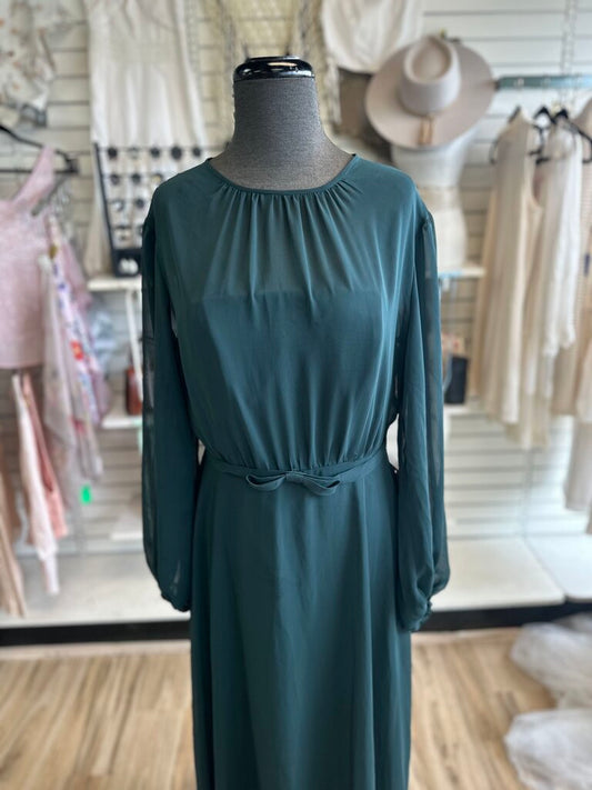 Dessy Collection Green Long Sleeve Bow Belt Long Formal Dress 12