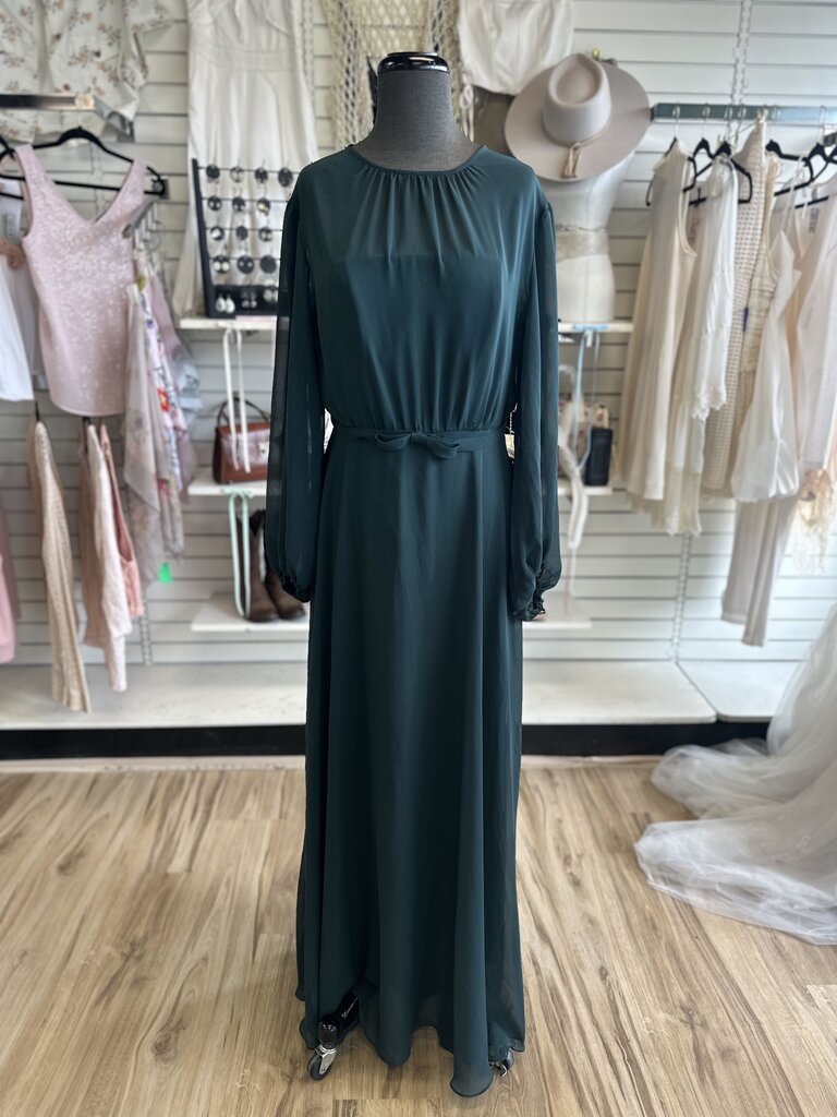 Dessy Collection Green Long Sleeve Bow Belt Long Formal Dress 12