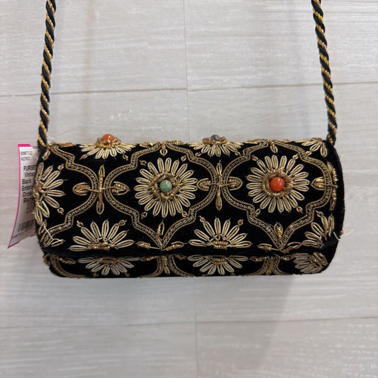 Vintage Kane M Black Velvet/ Gold Embroidered Small Crossbody Purse