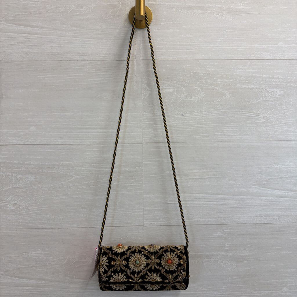 Vintage Kane M Black Velvet/ Gold Embroidered Small Crossbody Purse