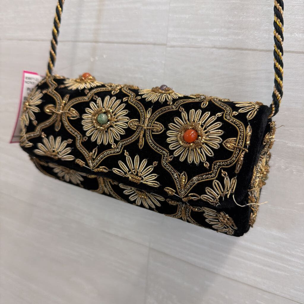 Vintage Kane M Black Velvet/ Gold Embroidered Small Crossbody Purse