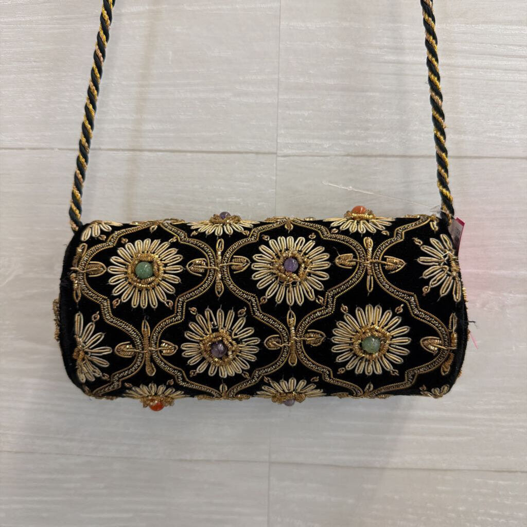 Vintage Kane M Black Velvet/ Gold Embroidered Small Crossbody Purse