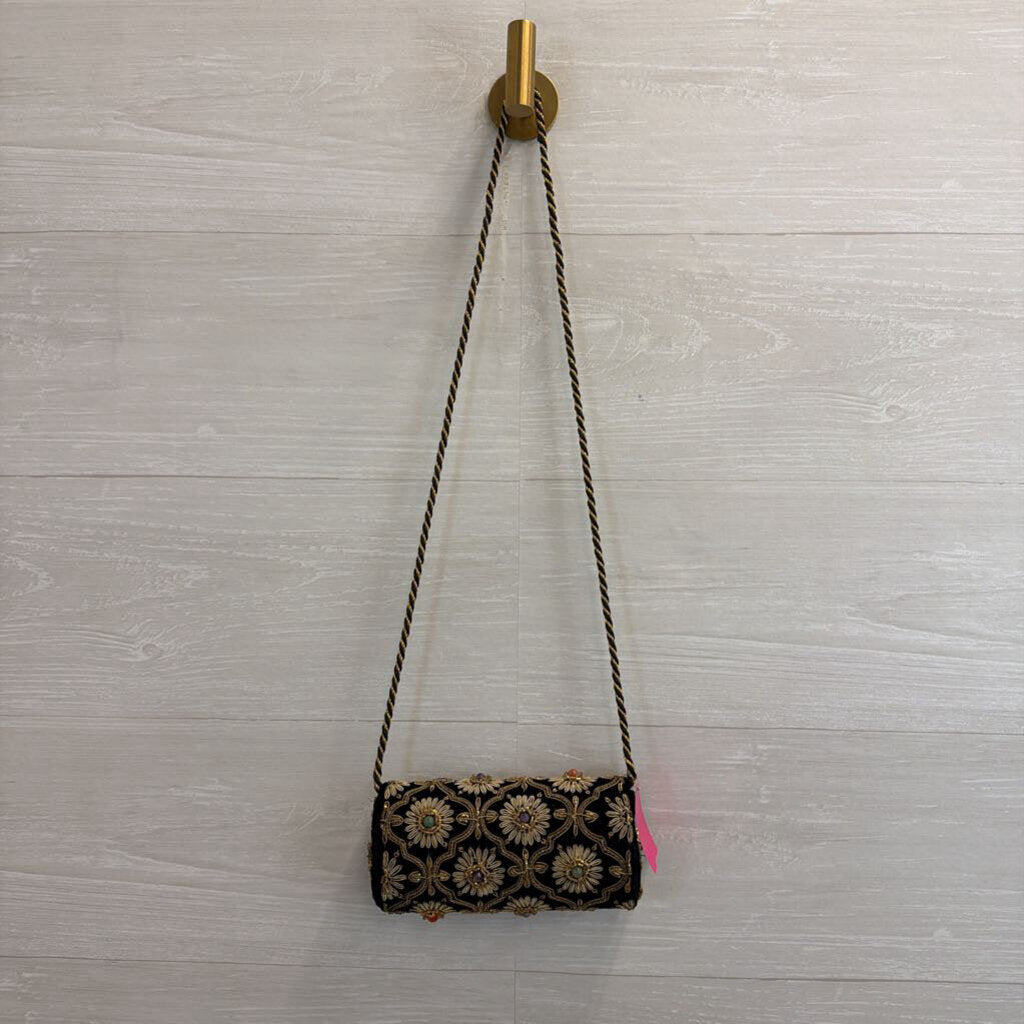 Vintage Kane M Black Velvet/ Gold Embroidered Small Crossbody Purse