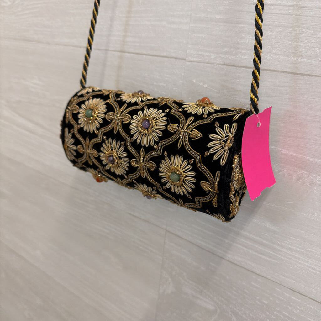 Vintage Kane M Black Velvet/ Gold Embroidered Small Crossbody Purse