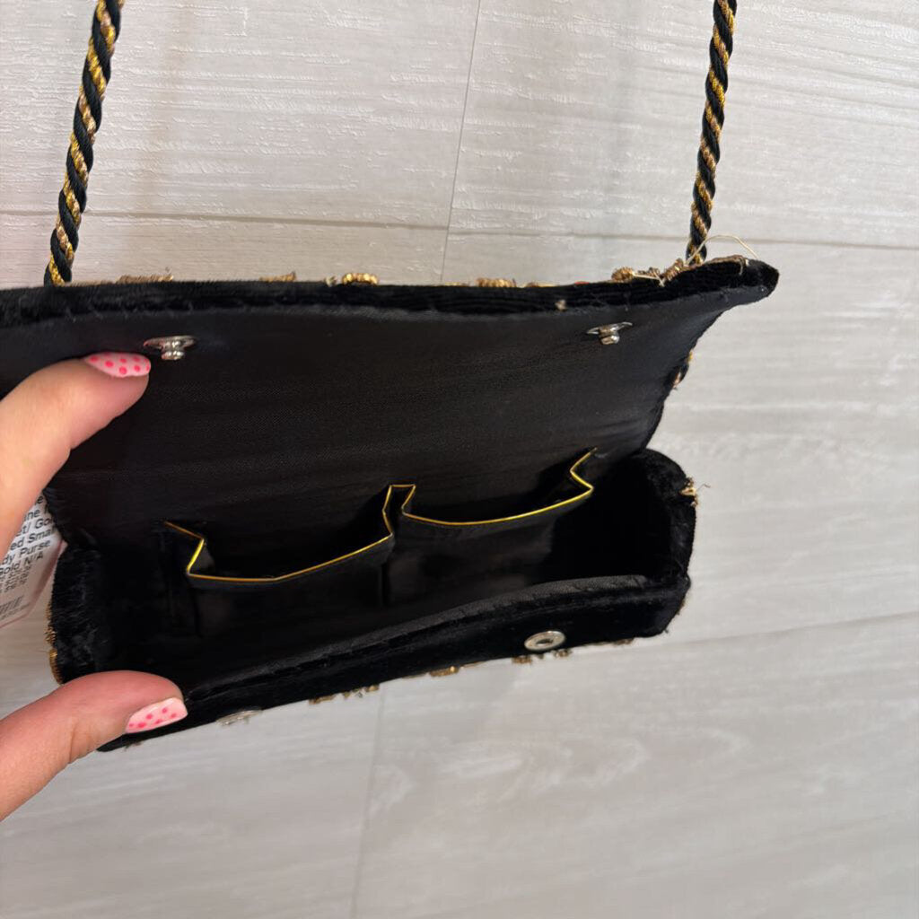 Vintage Kane M Black Velvet/ Gold Embroidered Small Crossbody Purse