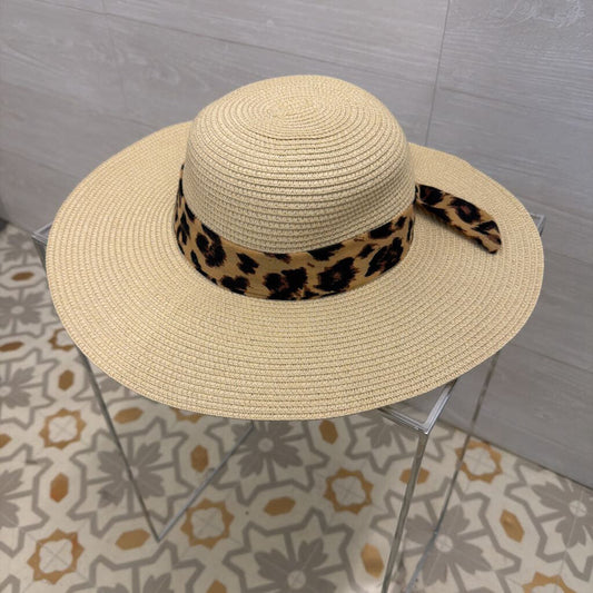 Rachel Zoe Wide Brim Straw Hat With Leopard Detail One Size