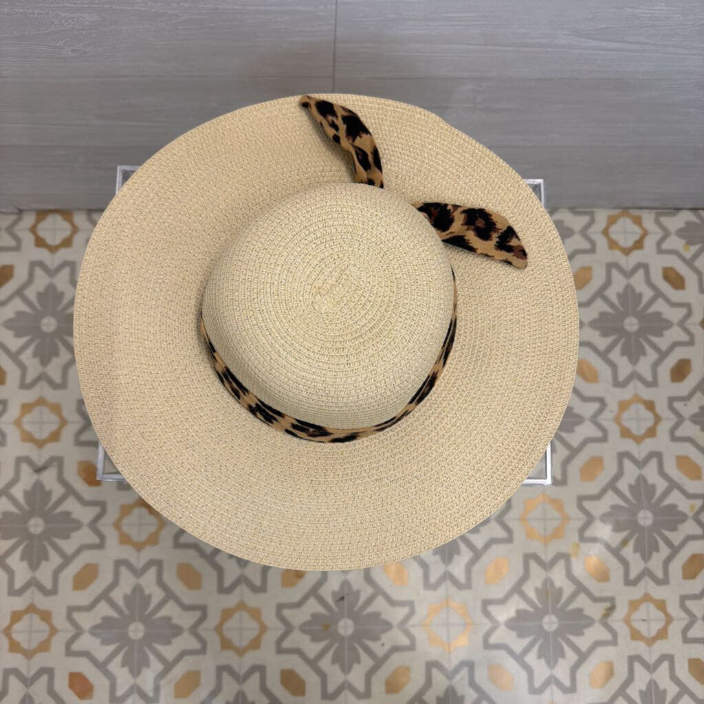 Rachel Zoe Wide Brim Straw Hat With Leopard Detail One Size