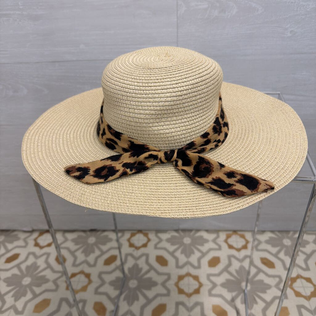 Rachel Zoe Wide Brim Straw Hat With Leopard Detail One Size