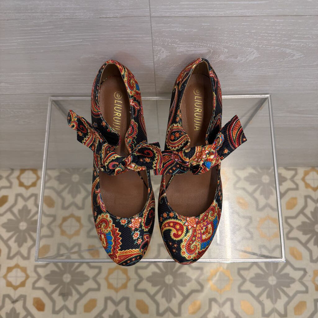 Liuruijia Multi Color Paisley Print Mary Jane Bow Heels 9