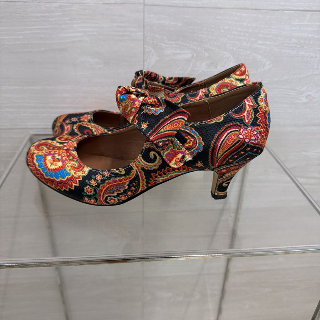Liuruijia Multi Color Paisley Print Mary Jane Bow Heels 9