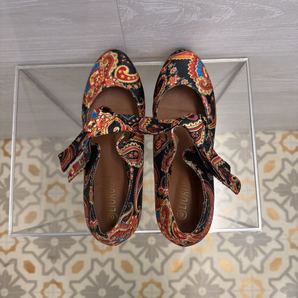 Liuruijia Multi Color Paisley Print Mary Jane Bow Heels 9