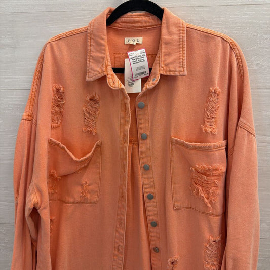 POL Pink Distressed Denim Shacket Medium