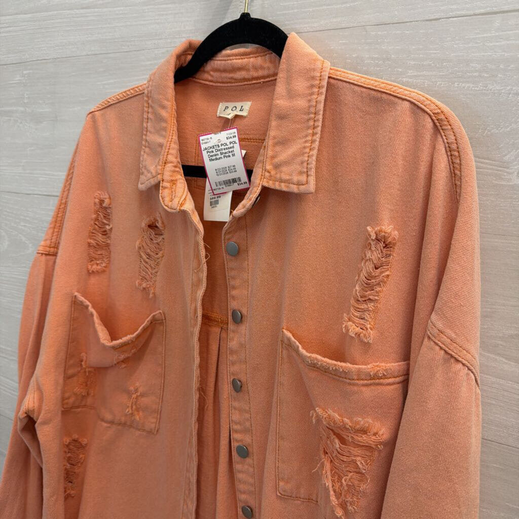POL Pink Distressed Denim Shacket Medium