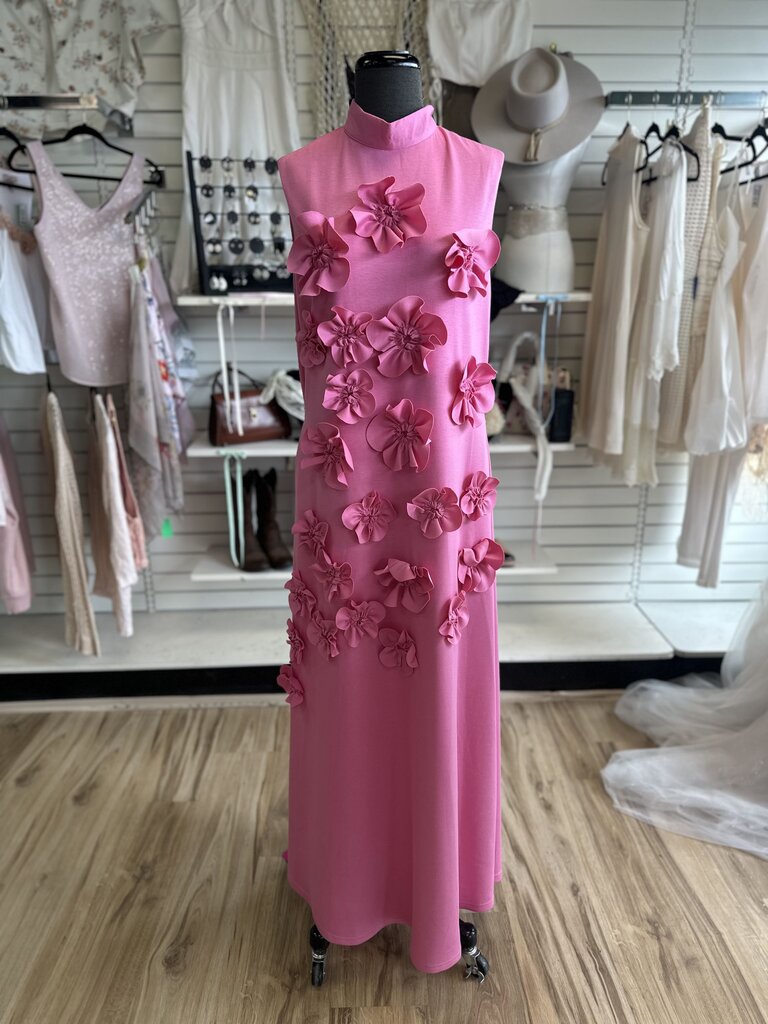 Pink Textured Flower High Neck Sleeveless Long Formal Dress Extra Large