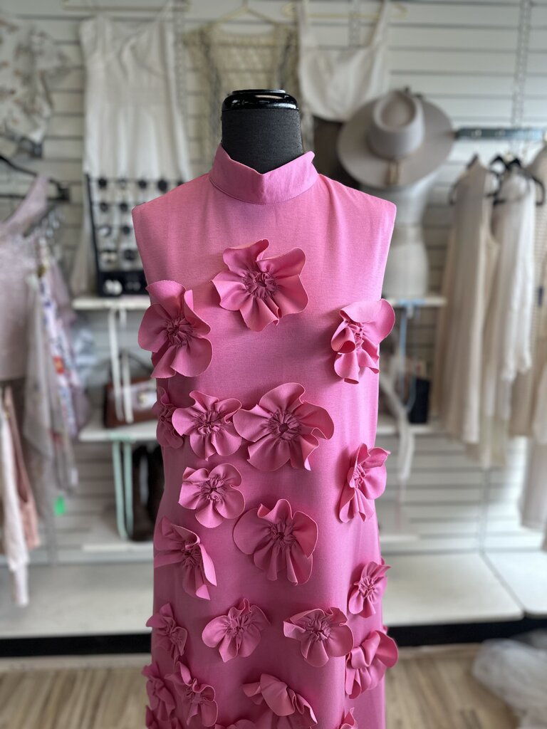 Pink Textured Flower High Neck Sleeveless Long Formal Dress Extra Large