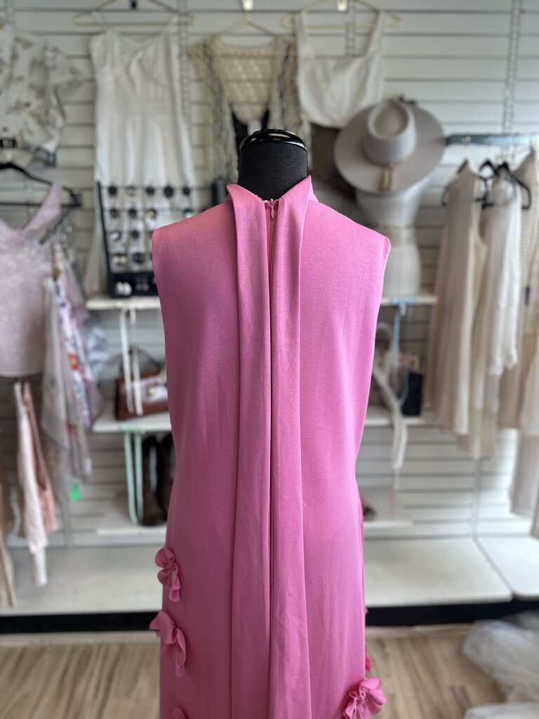 Pink Textured Flower High Neck Sleeveless Long Formal Dress Extra Large