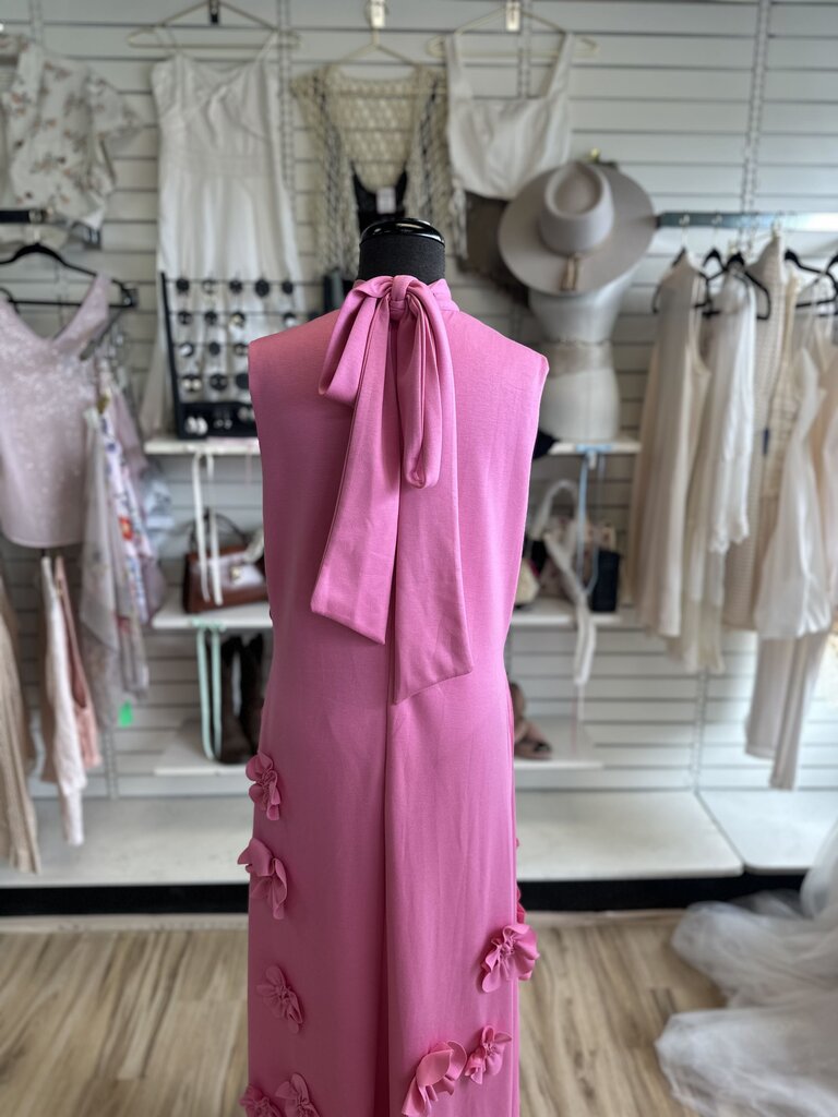 Pink Textured Flower High Neck Sleeveless Long Formal Dress Extra Large
