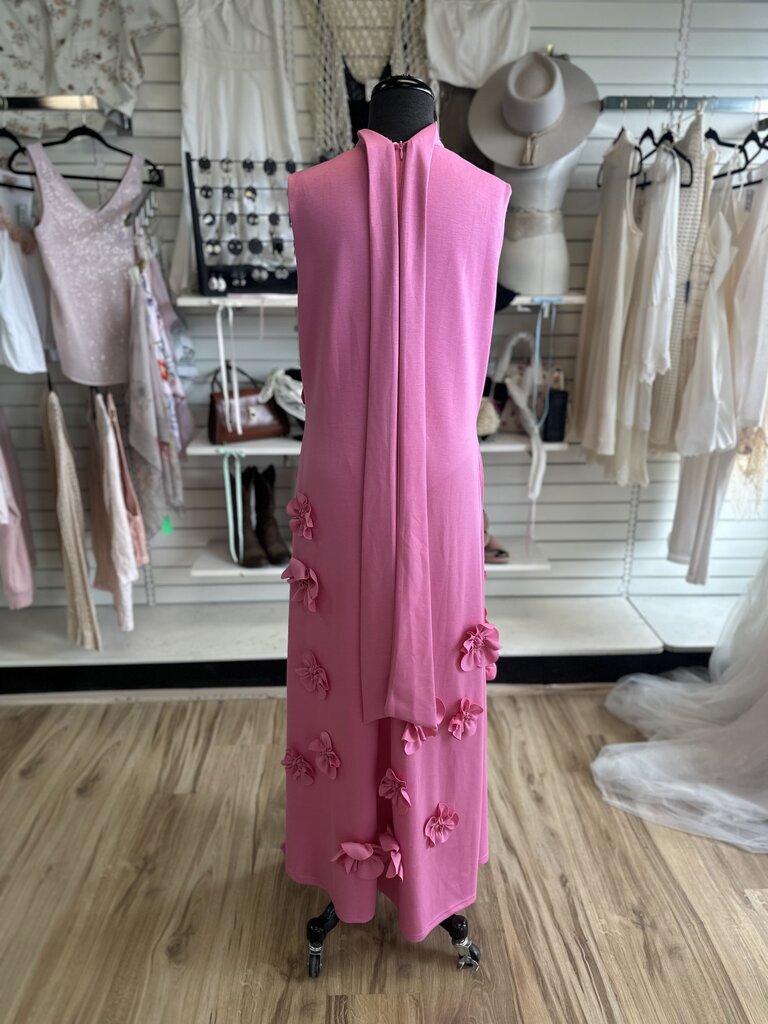 Pink Textured Flower High Neck Sleeveless Long Formal Dress Extra Large