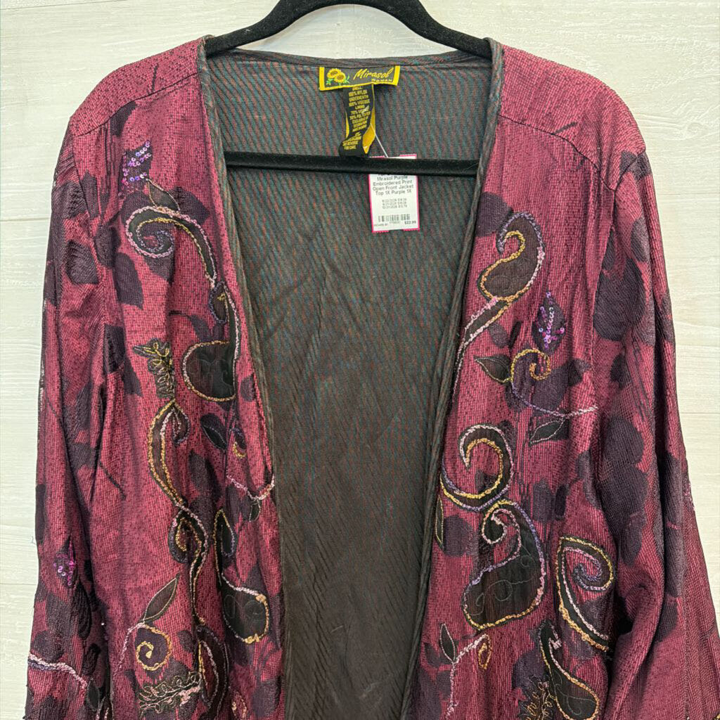 Mirasol Purple Embroidered Print Open Front Jacket Top 1X