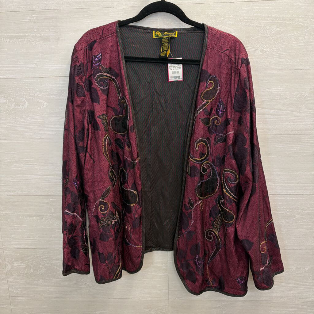 Mirasol Purple Embroidered Print Open Front Jacket Top 1X