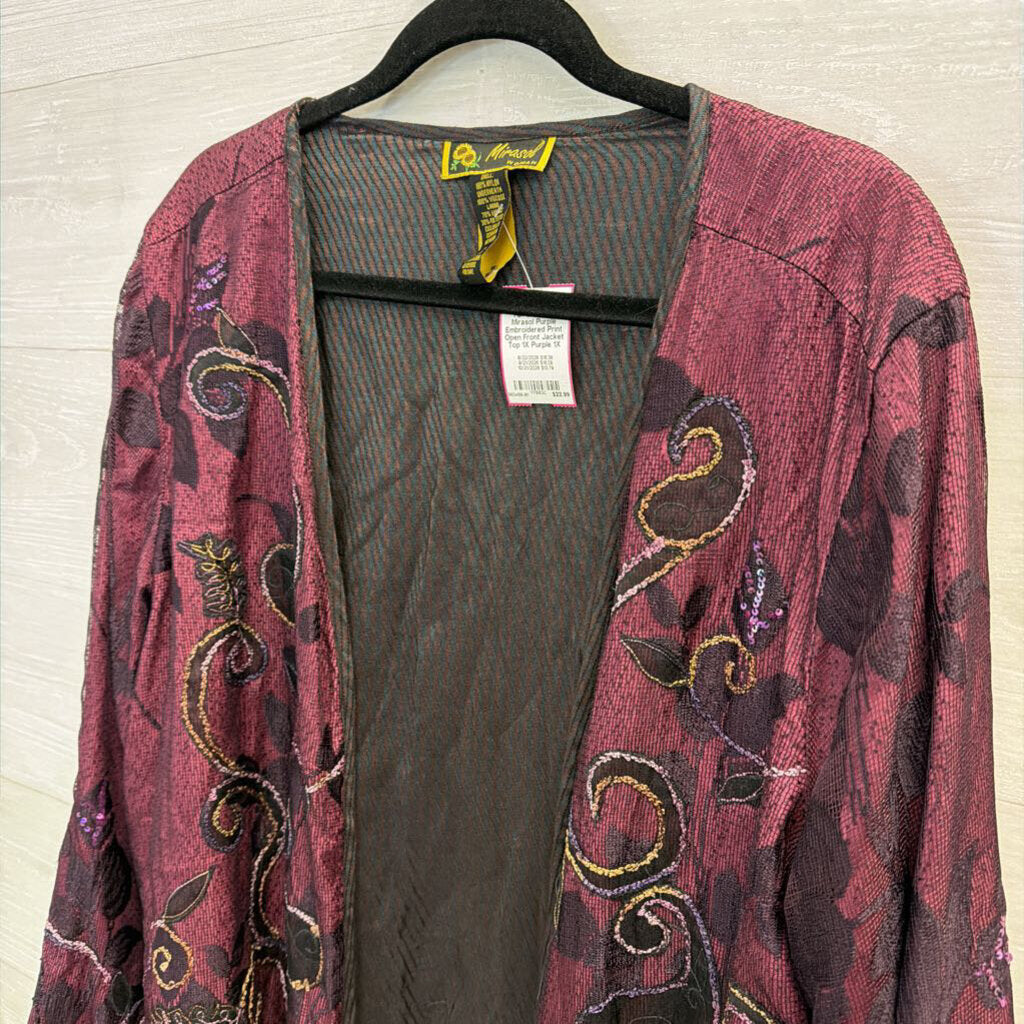 Mirasol Purple Embroidered Print Open Front Jacket Top 1X