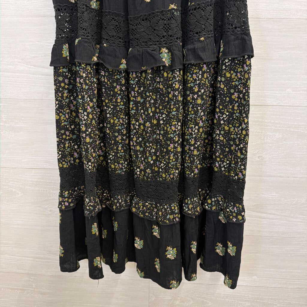 Angie Black/ Multi Print Tiered Maxi Skirt Medium