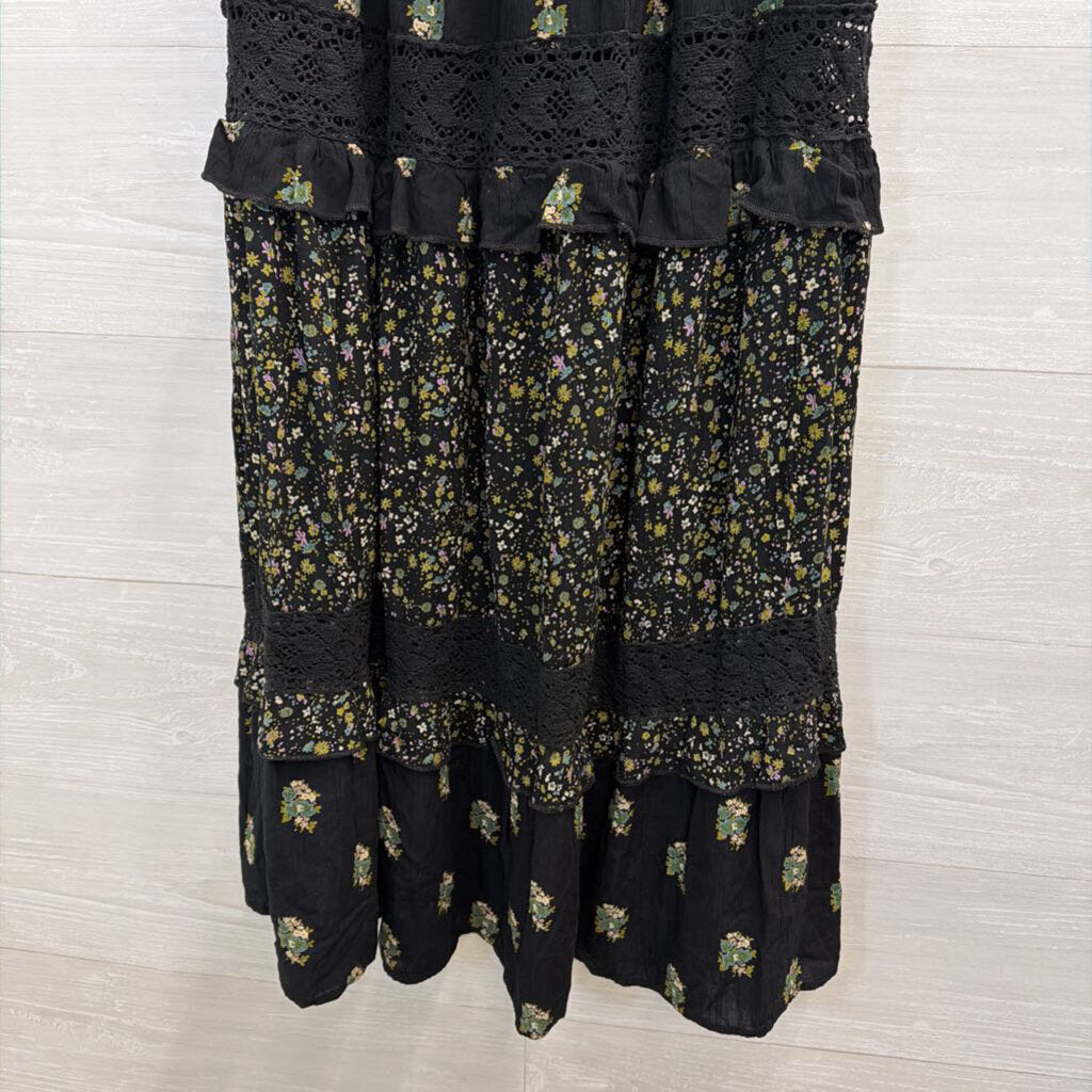 Angie Black/ Multi Print Tiered Maxi Skirt Medium