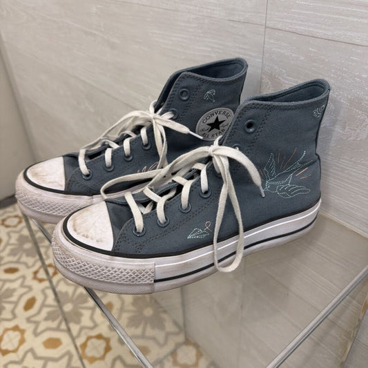 Converse All Star Blue Embroidered Lift Platform High Top Sneakers 7.5