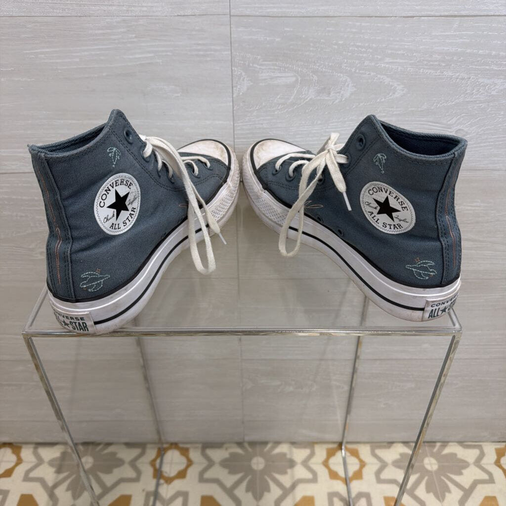 Converse All Star Blue Embroidered Lift Platform High Top Sneakers 7.5