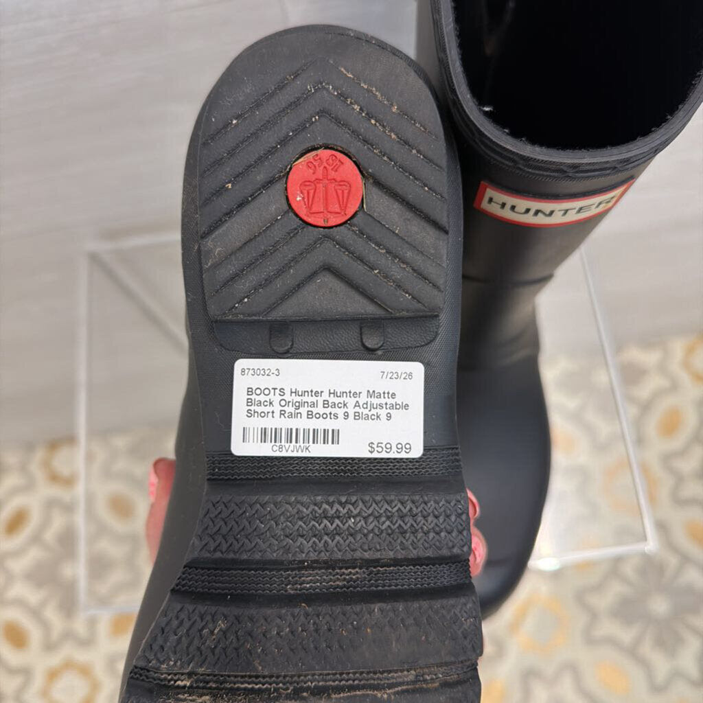 Hunter Matte Black Original Back Adjustable Short Rain Boots 9