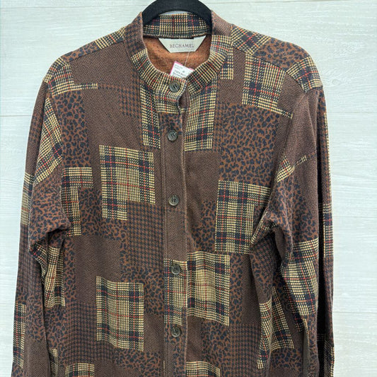 Bechamel Brown Patchwork Print Long Sleeve Button Front Top Large