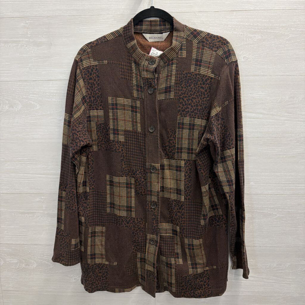 Bechamel Brown Patchwork Print Long Sleeve Button Front Top Large