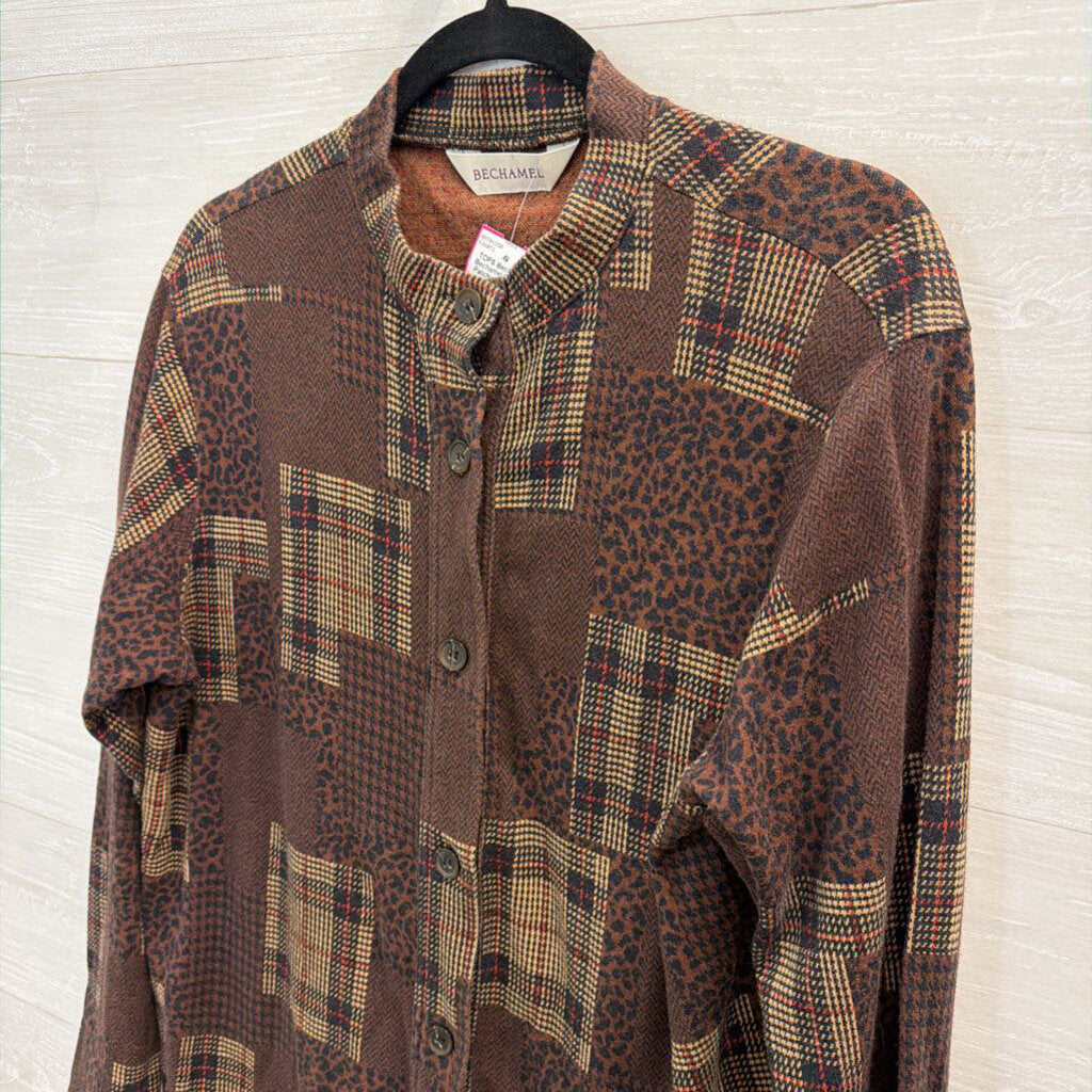 Bechamel Brown Patchwork Print Long Sleeve Button Front Top Large
